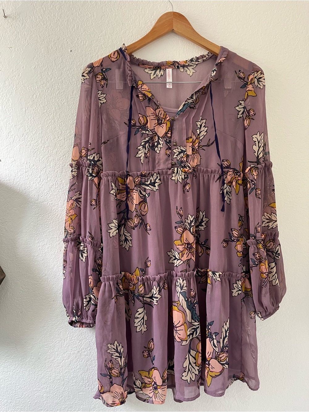 Lilac Floral Tiered Long-Sleeve Dress